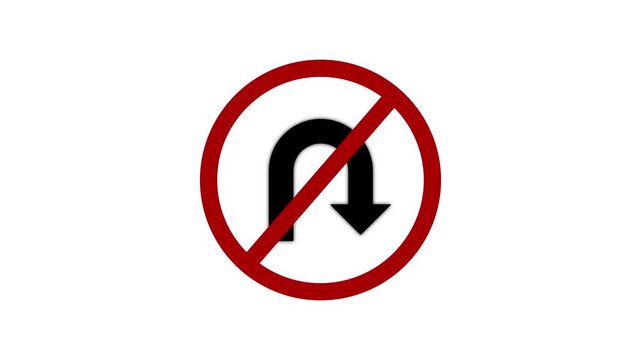 No u-turn traffic sign animation on white background, for road safety, and navigation projects, street with alpha channel white background. 4k video