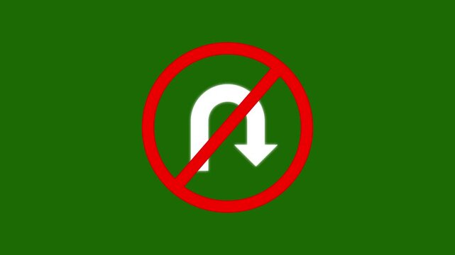 No u-turn traffic sign animation on green screen background, for easy compositing, uturn with alpha channel. 4k video