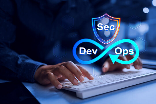 Software developer dev sec ops concept with a programmer working with agile methodology development operations programming technology to applied in business data analysis