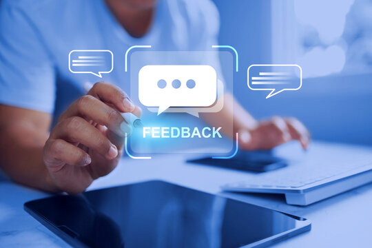 customer feedback concept with a man interact on virtual feedback interface featuring chat bubbles and speech icon symbols