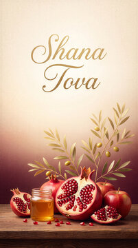 Shana Tova Greeting Card Design Featuring Fresh Pomegranates Honey Jar Red Apples And Olive Branches For Rosh Hashanah Jewish New Year Celebration Festive Still Life Photography With Elegant, Poster