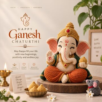Crocheted lord ganesha idol with festive sweets and lamp for ganesh chaturthi