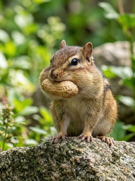 Adorable Eastern Chipmunk Perched on a Rock Holding a Large Peanut in its Mouth with Puffy Cheeks in a Lush Green Garden