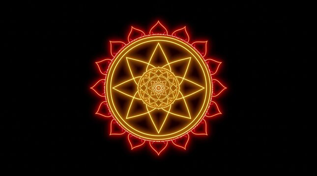 Sacred glowing sri yantra mandala with radiant golden and red neon lines against dark background