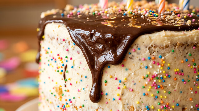 Birthday cake with chocolate ganache drip and colorful sprinkles sweet food baked goods party cake vanilla frosting homemade cake topper