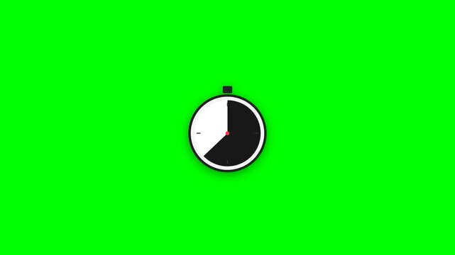 Animated flat design stopwatch timer on green screen background. Simple classic clock interface counting down for chroma key compositing, time management or deadline concept.