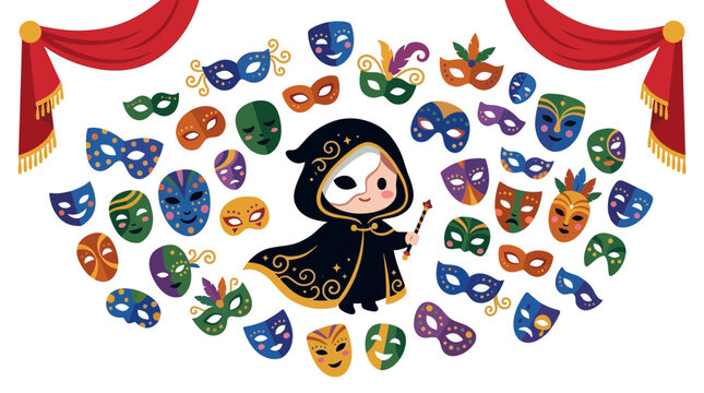Chibi masked character surrounded by colorful Venetian masks