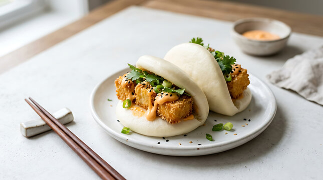 Soft steamed bao buns filled with crispy fried tofu and topped with fresh cilantro and spicy sauce asian food vegetarian bao vegan food snack time