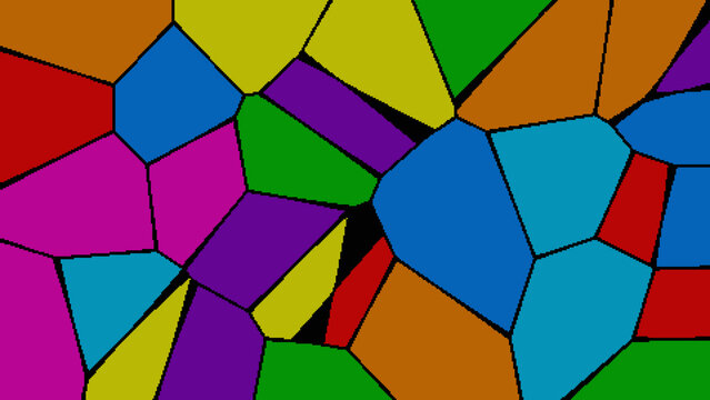 Colorful geometric mosaic illustration with varied polygon shapes and dark outlines