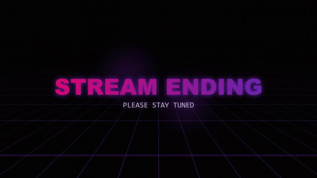 Synthwave retro grid stream ending screen animation. Neon gradient pink purple stream offline overlay with stay tuned message for Twitch, YouTube Live, or gaming broadcast.