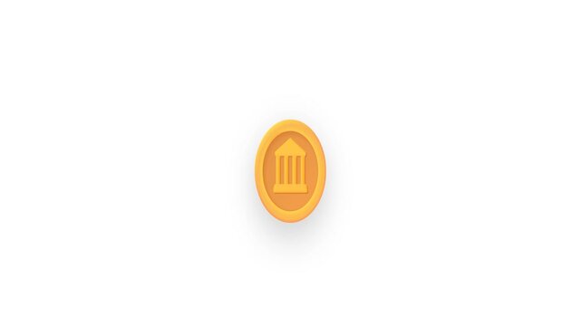 A stylized, three-dimensional golden coin with a prominent raised classical building or bank icon rotates continuously against a plain, solid white background with a soft drop shadow beneath it.