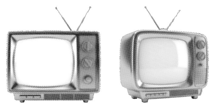 Two retro halftone television sets with rabbitear antennas illustrate vintage entertainment and broadcasting technology