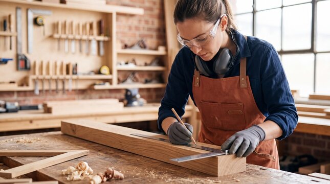 Focused female carpenter wearing safety glasses, earmuffs, gloves, and leather apron measures and marks a wooden beam on a workbench in a bright woodshop.
