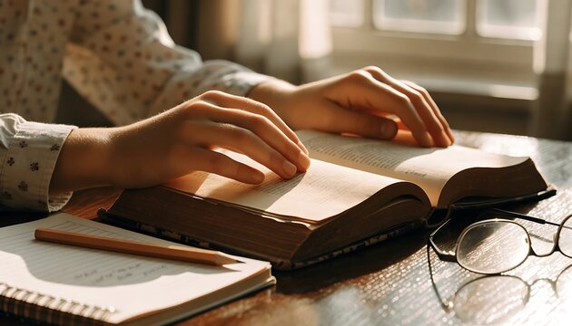 Close-up photorealistic photograph of hands resting gently on an open book during study