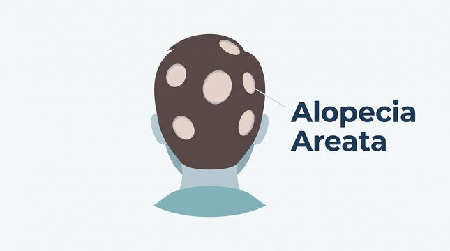 Alopecia areata scalp illustration showing hair loss patches for medical health and dermatology educational materials on white background