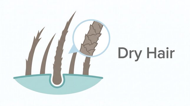 Dry hair and damaged cuticle illustration for hair health educational content and hair care product promotion in dermatology and beauty