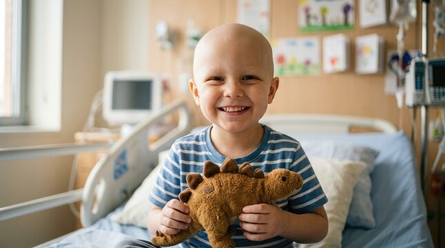 Happy young boy with cancer holding a plush dinosaur toy in a hospital bed