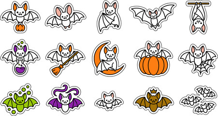 Fototapeta premium Cute White Halloween Bat Stickers Vector Set with Crescent Moon Bat and Spider Web
