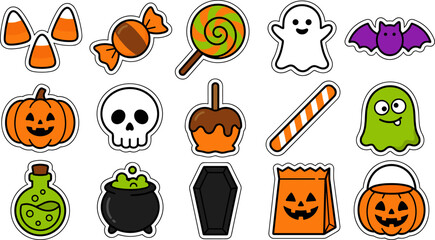 Fototapeta premium Halloween Sweet Treat Stickers Vector Set with Silly Green Ghost and Orange Candy Paper Bag
