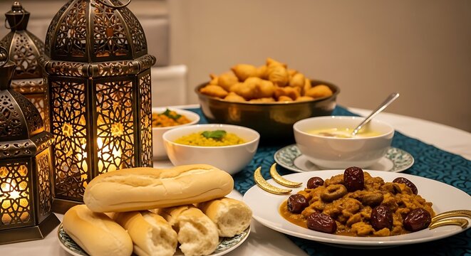 Traditional iftar meal with lanterns and various dishes for ramadan