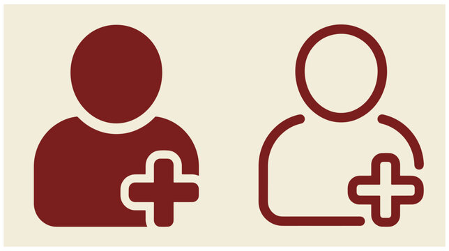 Red user profile icon with a plus sign representing add friend or new account registration member signup contact addition account creation person symbol registration interface