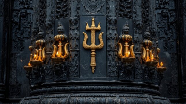 Intricate dark temple pillar with golden figurines and central trident emblem illuminated by warm flames with flickering flame holders with showcases elaborately carved