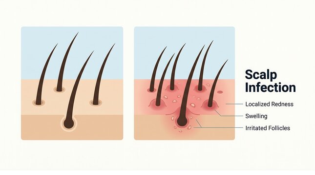 Comparative medical illustration of healthy hair follicles versus infected scalp showing localized redness swelling and follicular irritation details