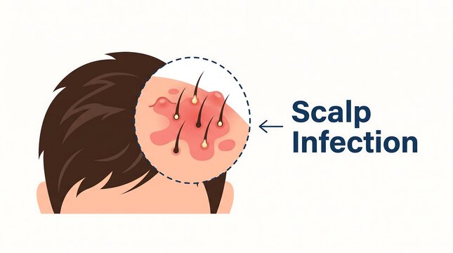 Medical illustration of human scalp infection showing inflamed hair follicles and skin irritation for dermatology educational content and health awareness