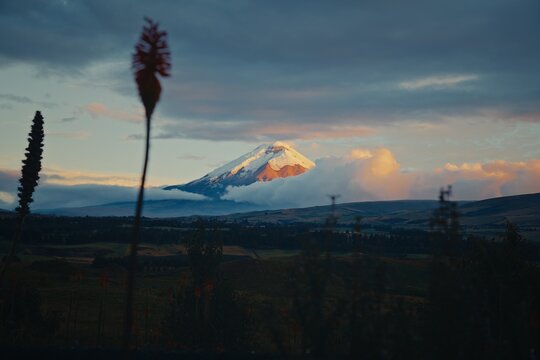 Cotopaxi volcano peak emerging from clouds over rolling hills in Ecuador