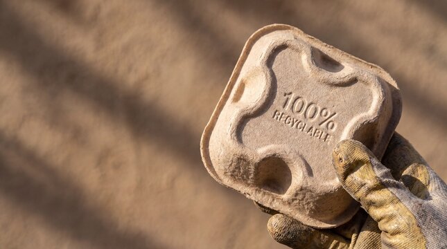 Hand holding sustainable molded fiber packaging with 100 percent compostable label