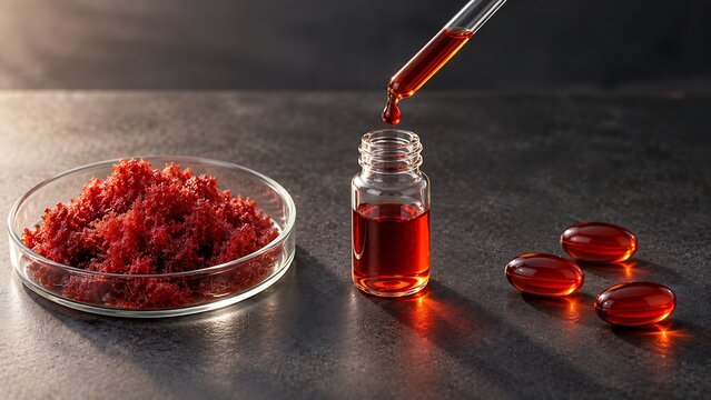 Astaxanthin production concept with red algae extract and softgel capsules