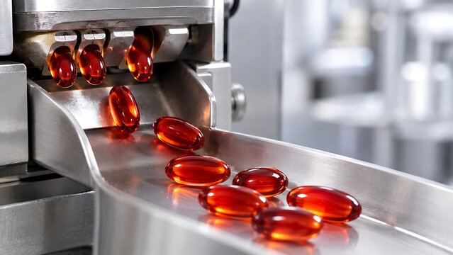 Astaxanthin softgel capsules on nutraceutical manufacturing line
