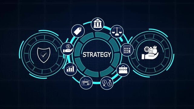 Futuristic business strategy dashboard UI presenting company vision roadmap data and interactive market icons