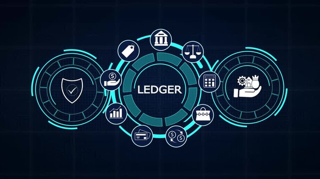 Futuristic corporate ledger dashboard interface displaying general account auditing graphs and data security icons