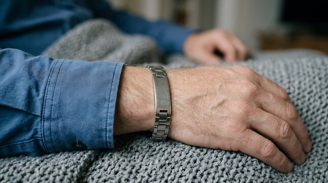 Senior man wearing silver medical alert identification bracelet