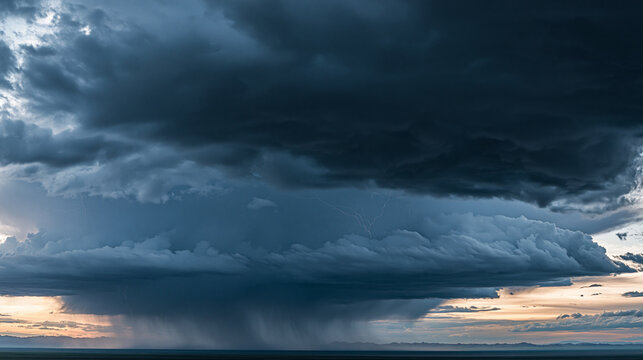 Dramatic dark storm clouds gathering over a vast landscape with rain falling
