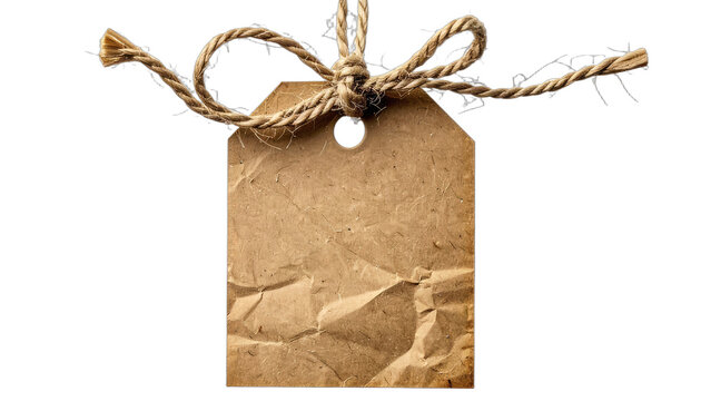 A vintage brown paper tag tied with twine on a black background.