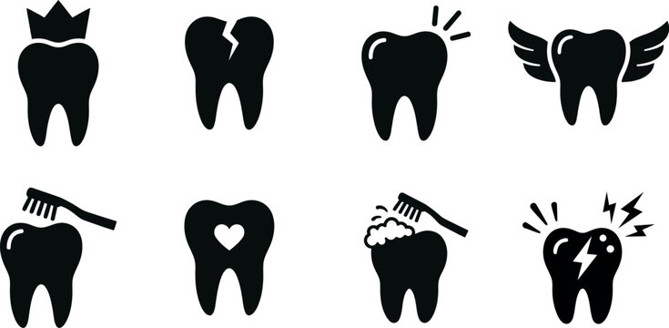 Various tooth icons representing dental health issues and treatments in black silhouette
