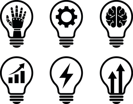 Six black silhouette light bulbs each containing a different conceptual icon