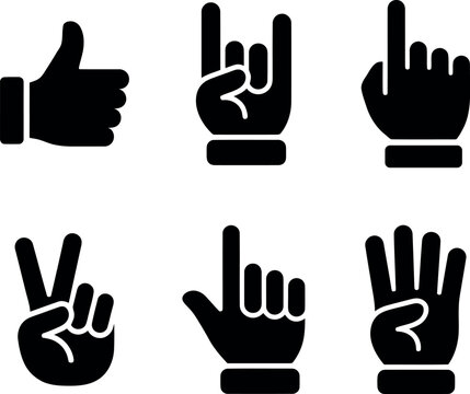 Collection of black silhouette hand gestures including thumbs up rock on and peace sign