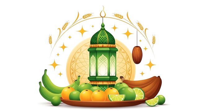Ramadan kareem lantern with fruits and dates isolated on white background