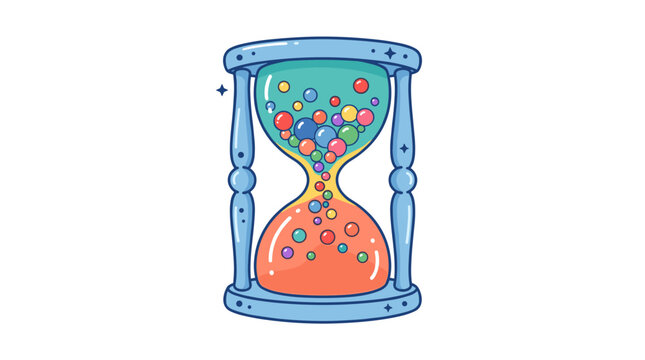 A blue hourglass filled with colorful floating bubbles, rendered in a bright, playful vector style
