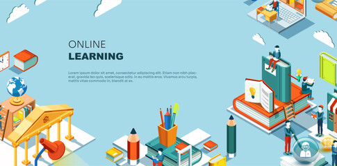 Naklejka premium Modern online learning education concept with books and digital study vector illustration