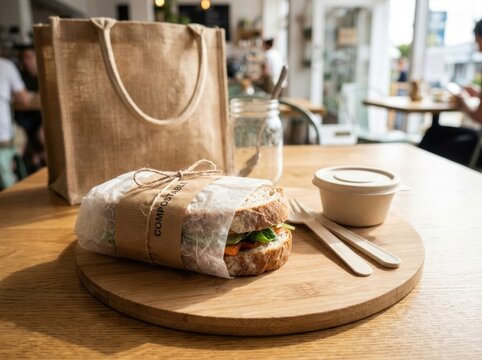 compostable packaging materials Wrapped sandwich and coffee on wooden table with cutlery and bag