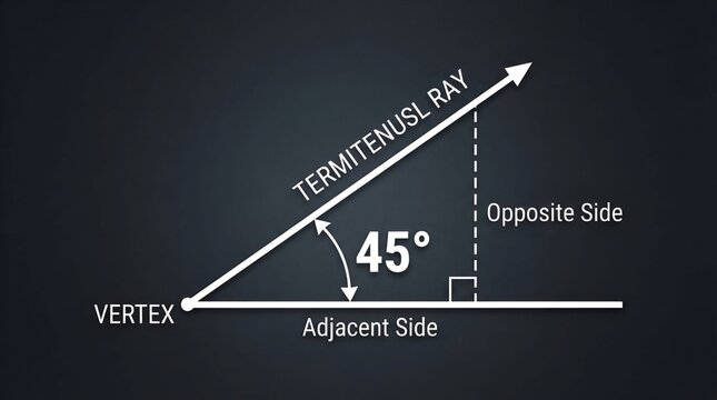 45 Degree Angle Diagram Showing Vertex, Adjacent Side, Opposite Side and Terminal Ray