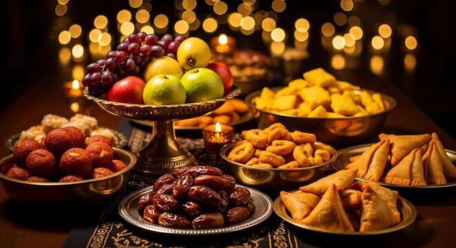 Traditional iftar food spread with dates, samosas, and sweets