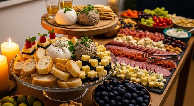 Abundant charcuterie board with assorted cheeses, meats, and fresh fruits
