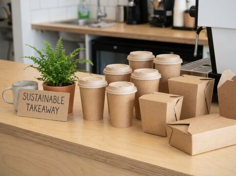 compostable packaging materials Eco-friendly takeaway cups and containers on a wooden counter with a plant.