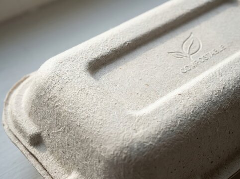 compostable packaging materials Eco-friendly biodegradable food container with a compostable symbol embossed.