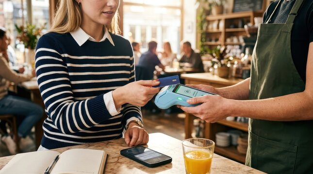 Young Woman Making Contactless Credit Card Payment at a Modern Cafe Counter with a Barista Holding a POS Terminal